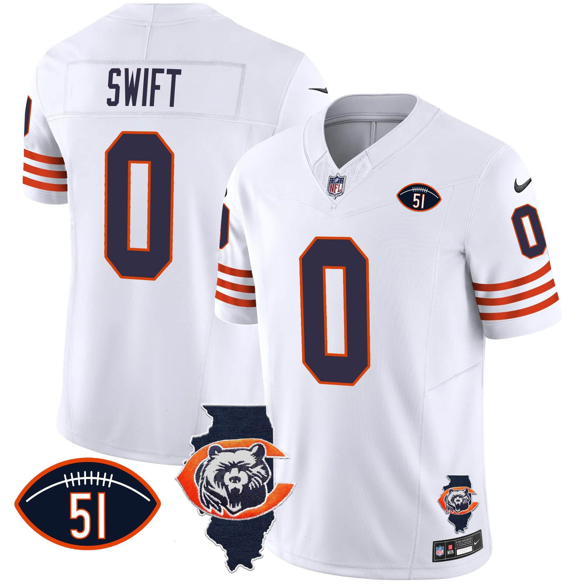 Men Chicago Bears #0 Swift White 2024 Nike Throwback Illinois Patch Vapor NFL Jersey